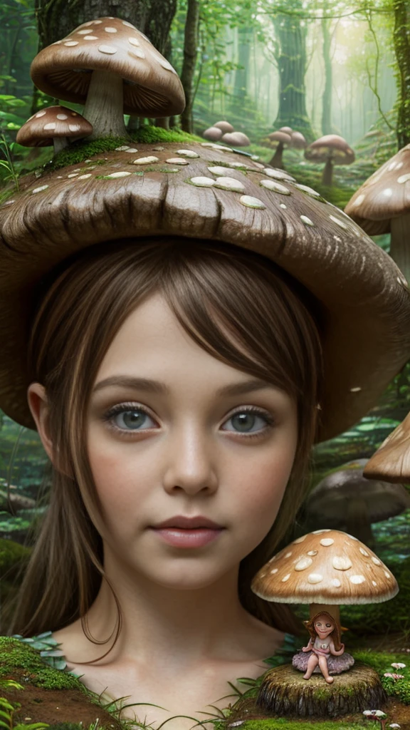 a small fairy girl in a mushroom forest, detailed face, beautiful eyes and lips, long eyelashes, intricate mushroom houses in the background, vibrant colors, magical atmosphere, fantasy art, digital painting, 8k, masterpiece, photorealistic