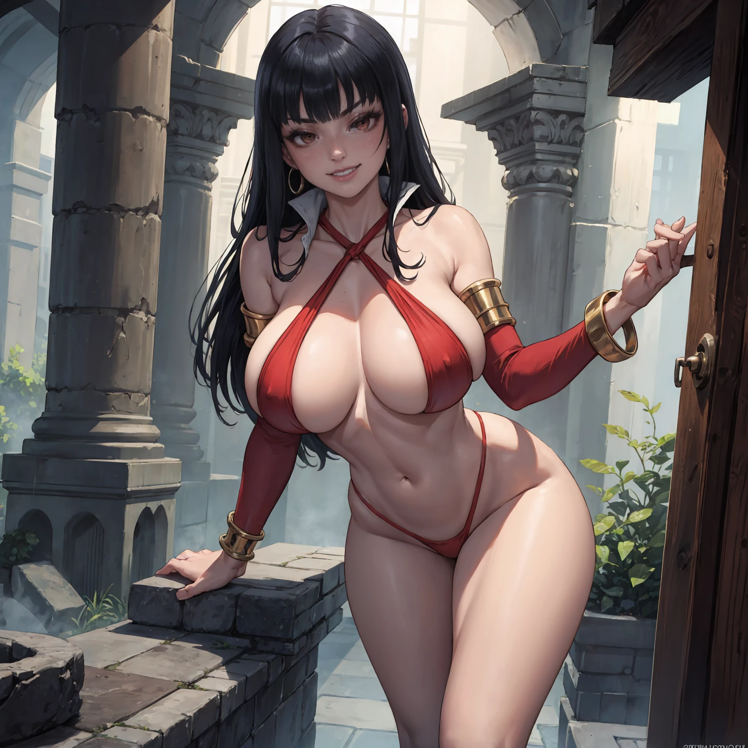 score_9, score_8_up, score_7_up, score_6_up, source_anime, BREAK 1girl, solo, Vampirella, bangle, armlet, boots, grey skin, blunt bangs, black hair, long hair, slingshot swimsuit, criss-cross halter, earrings, eyeshadow, popped collar, red eyes, long sleeves, cleavage, smile face, legs focus, thick legs, huge breasts, front, looking at you, grin, standing, cemitery