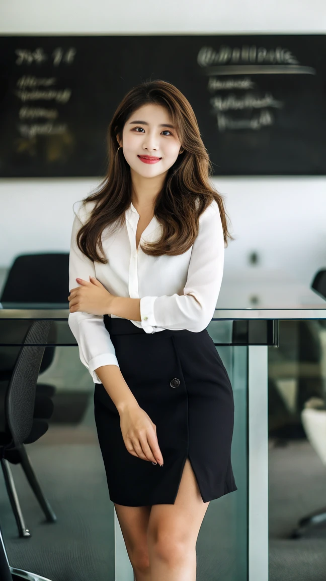 A beautiful, youthful, energetic Asian woman in her 30s, Ms Lyna, a successful digital marketing manager, wearing a stylish black dress, standing confidently in a modern office setting, looking directly at the camera with a warm smile, her long black hair flowing gracefully, surrounded by digital marketing icons and graphs on the walls, 8K resolution, highly detailed, cinematic lighting, photorealistic