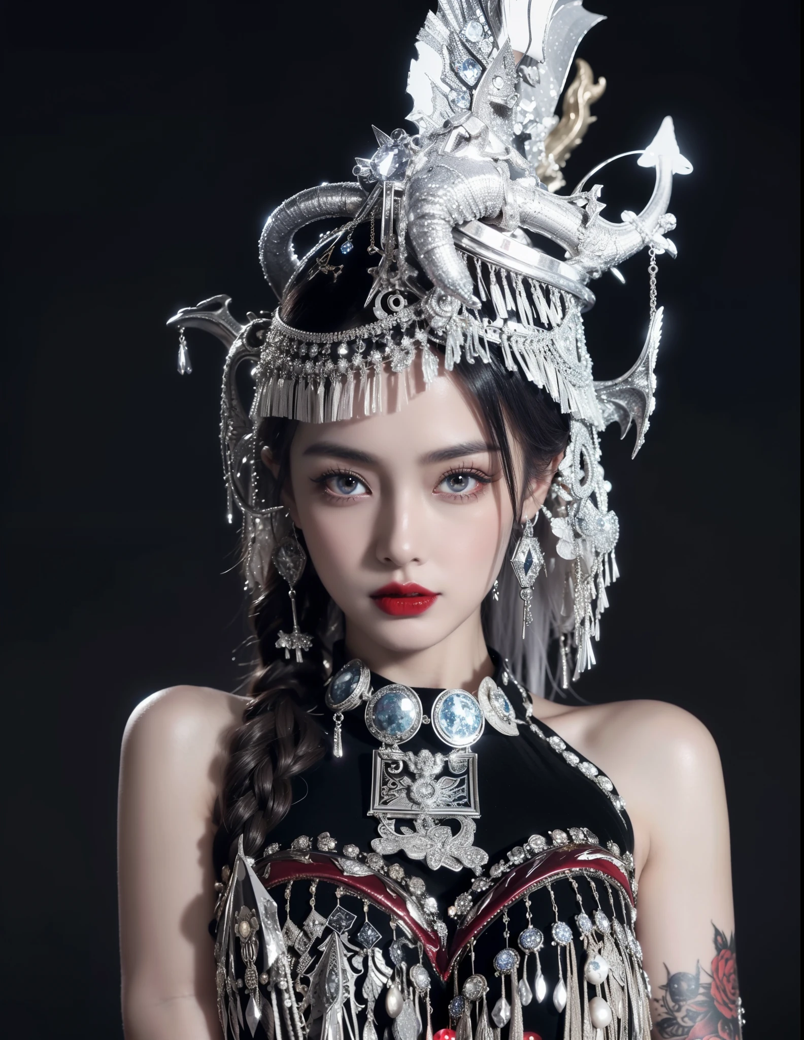 Detailed image quality,Witch Pandora,wing, Succubus Theme,堕落Angel,Excellent,scary,Secret Terror,Tentacles,With eyes,Uncanny Valley Effect,Beast Blood Moon,skeleton,vampire,Hellfire,Dark Queen,Angel,magician magic witch,Angel,Eyes are blue(Pupils as deep as the starry sky),Gorgeous tattoo designs all over the body,Surreal photos(8K picture quality,Rich in details),Dark eyeshadow,Sexy thick lips(Red lipstick),Tattoo designs on body,Dark Queen,Wear luxurious gold jewelry,Silver Crystal Armor