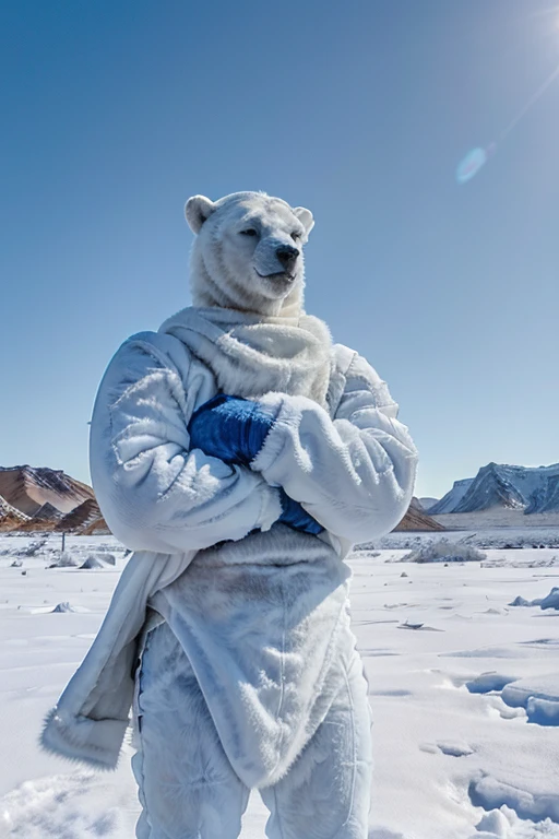 ((A humanoid white polar bear with abnormal musculature, very robust, blue eyes is standing looking up looking at the sky and uses some animal hides as clothing)), frozen ground and desert scenery, no trees there are no plants on this planet. Low left photography angle 
