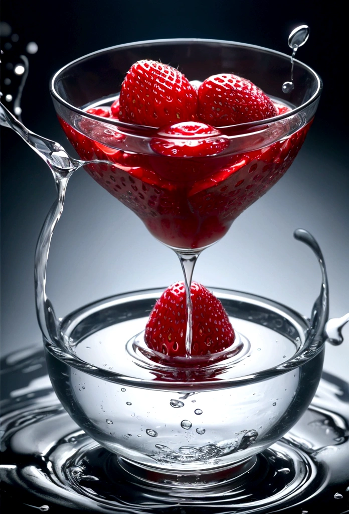 Cinematic RAW Photos,Ultra-realistic photos,Ultra-realistic photos,Digital SLR,Soft lighting,Product photo of five strawberries falling into water、Dripping、Splashing clear liquid、Water flower,Dynamic Composition Star Part) (Highest quality) (be familiar with) (Cinema Lighting) (Sharp focus) (Complex), Master Parts, Highest quality, Ultra-high resolution, 8K Ultra HD