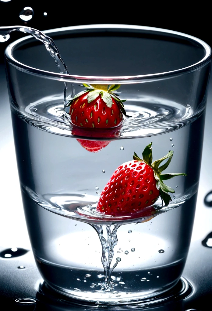 Cinematic RAW Photos,Ultra-realistic photos,Ultra-realistic photos,Digital SLR,Soft lighting,Product photo of five strawberries falling into water、Dripping、Splashing clear liquid、Water flower,Dynamic Composition Star Part) (Highest quality) (be familiar with) (Cinema Lighting) (Sharp focus) (Complex), Master Parts, Highest quality, Ultra-high resolution, 8K Ultra HD