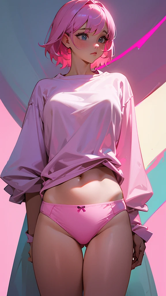 A wearing a very large shirt and wearing pink panties showing at a glance