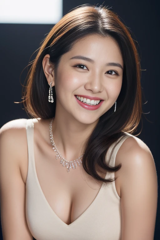 naked, highest quality, masterpiece, ultra high resolution, (realistic:1.4),very detailed,professional lighting smile,black hair、toothy smile、black hair、ear piercing、necklace around neck