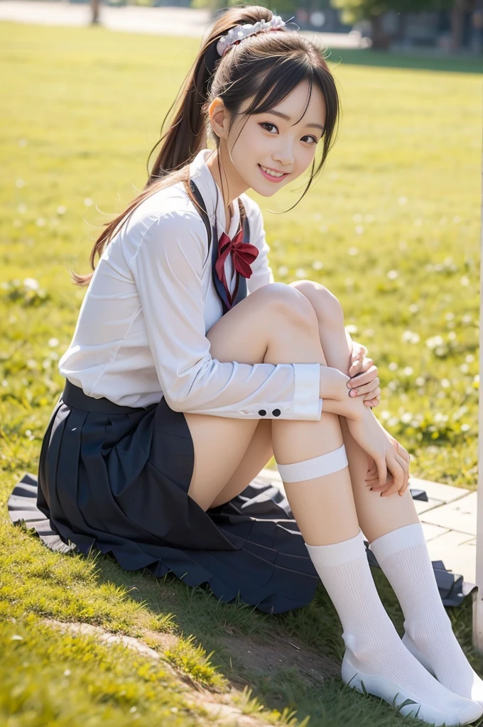 Pure Japanese school girl, sexual temptation, outstanding body, beautiful legs, ponytail, wearing uniform, panty, sweet smile, sitting on grass, refreshing in early summer park, composition from the front,