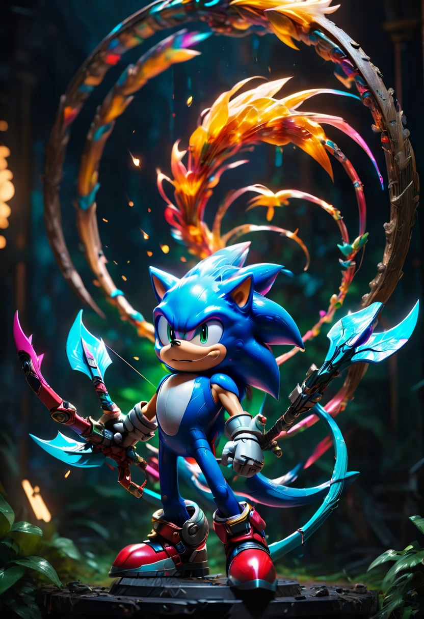 Archer, bow and arrow, Archery pose, full body, Tails from "Sonic the Hedgehog", dramatic composition, cinematic dynamic action scene, vibrant colors, cinematic lighting, dramatic lighting, best quality, masterpiece, very aesthetic, perfect composition, intricate details, ultra-detailed