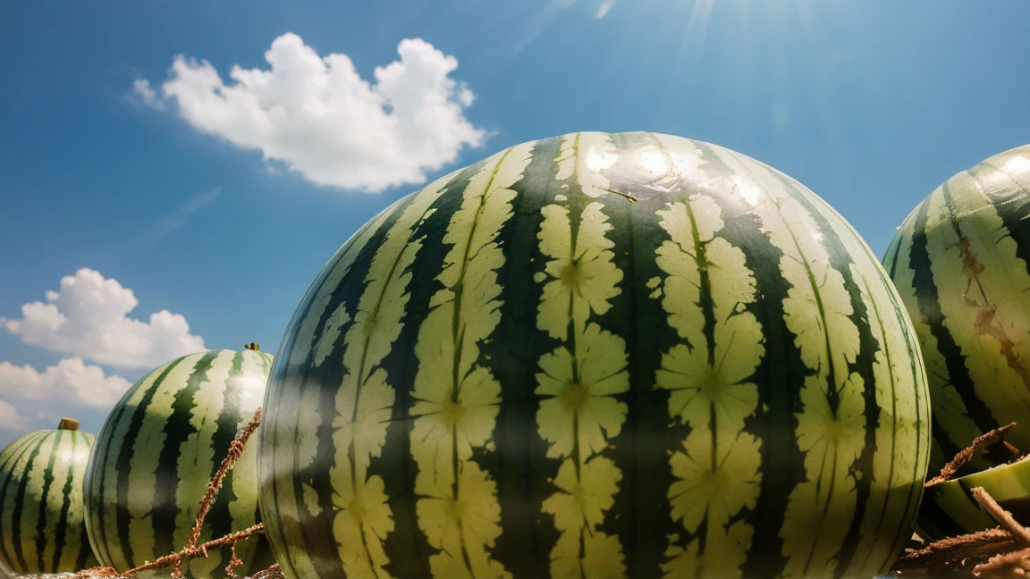 Watermelonin the sky, a refreshing summer treat. watermelon, fruit, food, no_humans, food_focus, blurry, realistic, still_life, blurry_background, depth_of_field