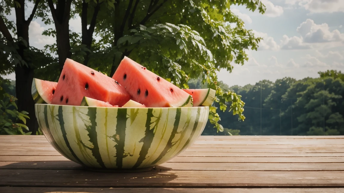 Watermelonin the sky, a refreshing summer treat. watermelon, fruit, food, no_humans, food_focus, blurry, realistic, still_life, blurry_background, depth_of_field