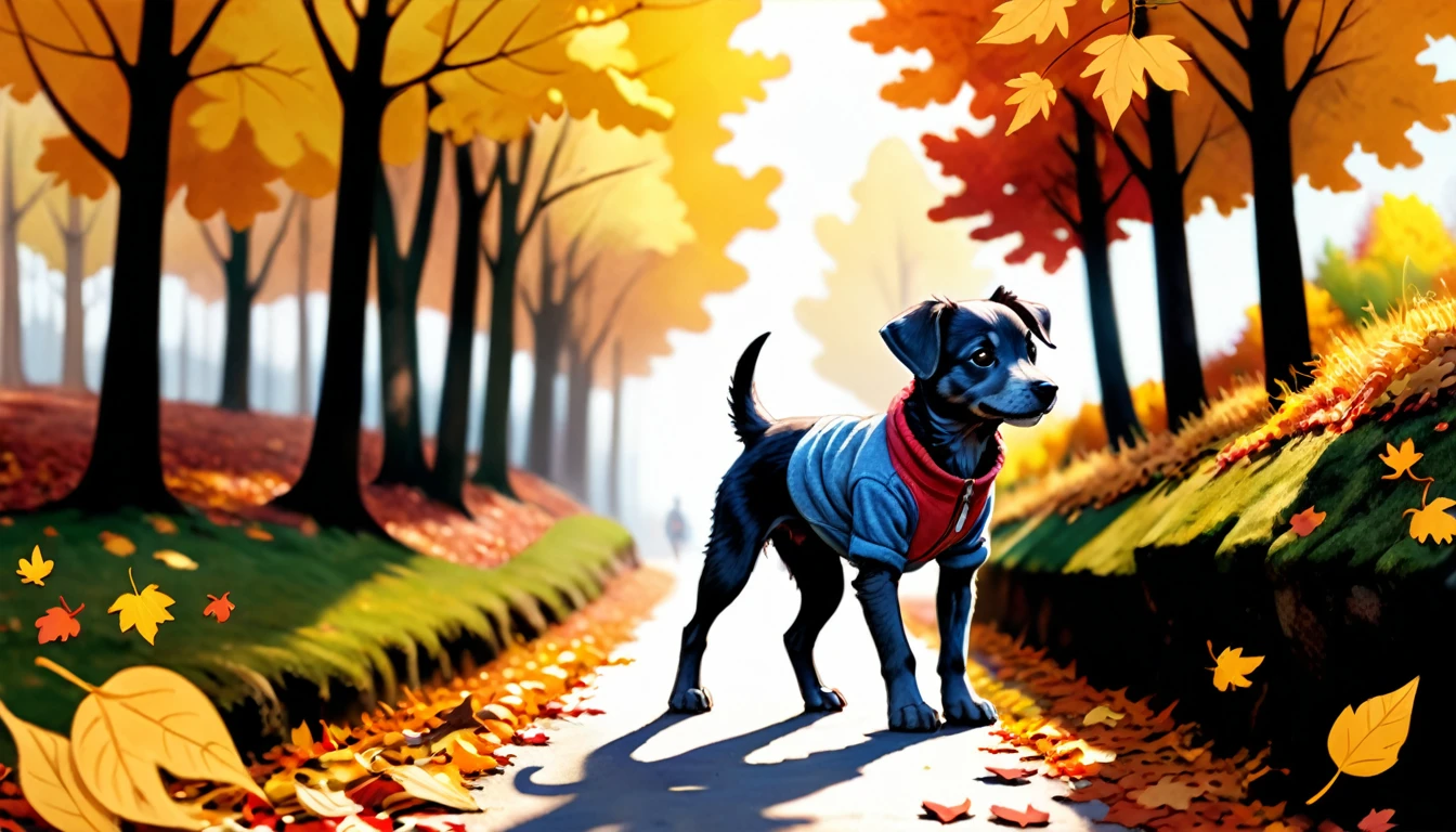 (photo film style), anthropomorphic, cute puppy, standing like a human and walking, autumn path, colorful trees, fallen leaves, enjoying the scenery, wearing casual clothes, 2D, colorful, warm atmosphere, shiny, Jean-Baptiste Monge style, Alan Lee style