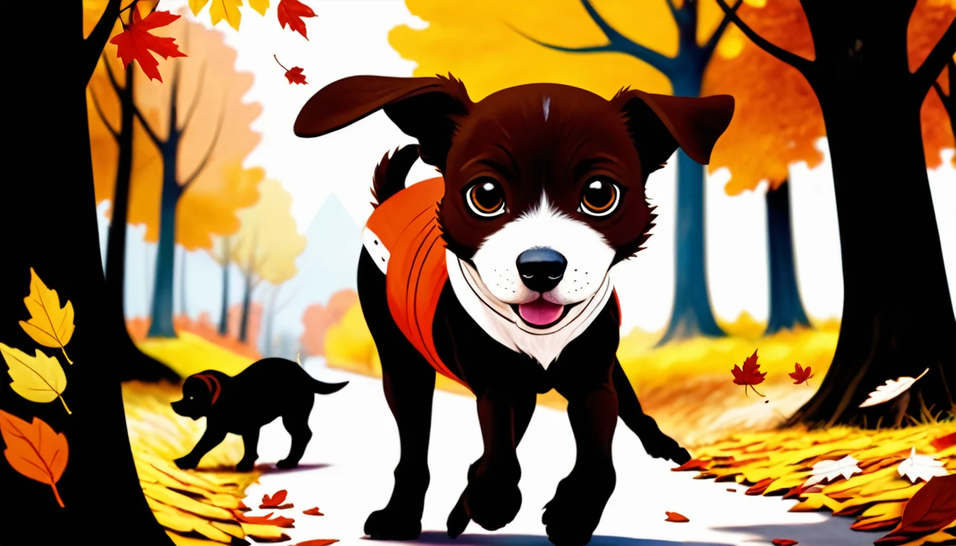 (photo film style), anthropomorphic, cute puppy, standing like a human and walking, autumn path, colorful trees, fallen leaves, enjoying the scenery, wearing casual clothes, 2D, colorful, warm atmosphere, shiny, Jean-Baptiste Monge style, Alan Lee style