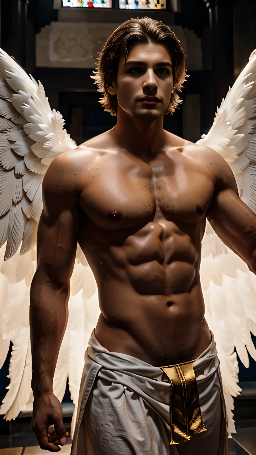 portrait, 1boy, character, imagine an archangel, blonde hair, toned, toga, greek toga, angel, imposing, boy, handsome, attractive boy, white skin, greek face, white toga, magnanimous, glorious, 22 years old, real, high fidelity, film grain, man with wings, white wings, Greek god, symmetrical, symmetrical body, beautiful body, artistic, mythological being, inside a church, baroque, luxury