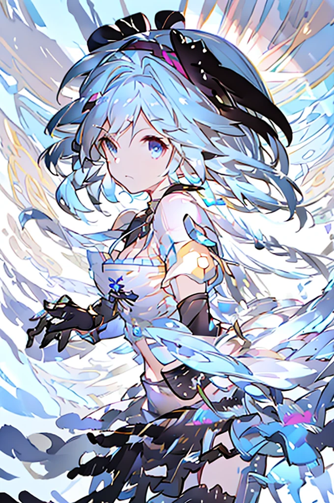 Djeeta Pure white background Blue Hair Black headband Facing forward looks strong Black Armor Cleavage is coming out I have a protruding belly