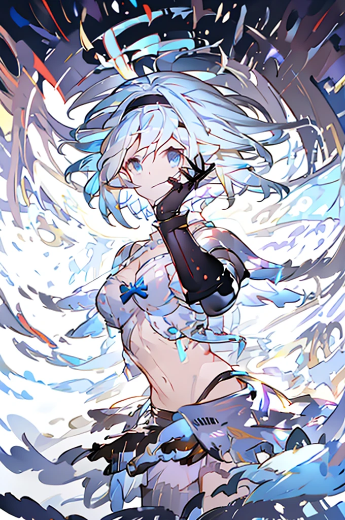 Djeeta Pure white background Blue Hair Black headband Facing forward looks strong Black Armor Cleavage is coming out I have a protruding belly