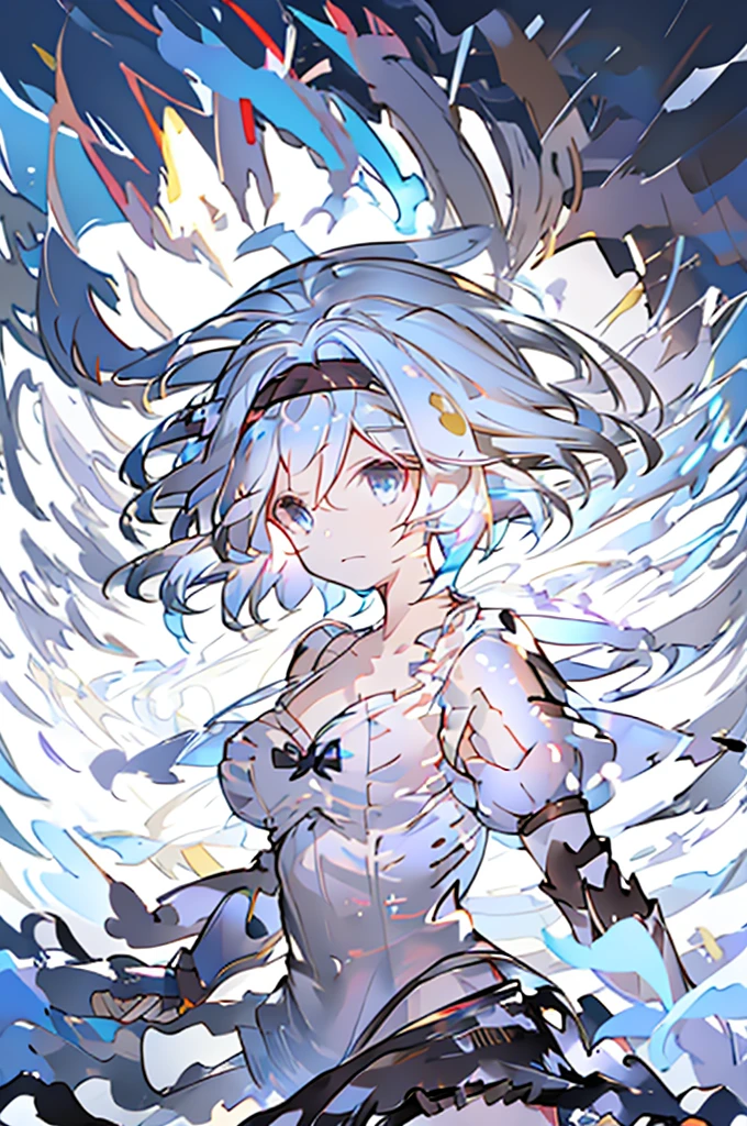 Djeeta 　Pure white background　Blue Hair　Black headband　Facing forward　looks strong　Black Armor　Cleavage is coming out　I have a protruding belly