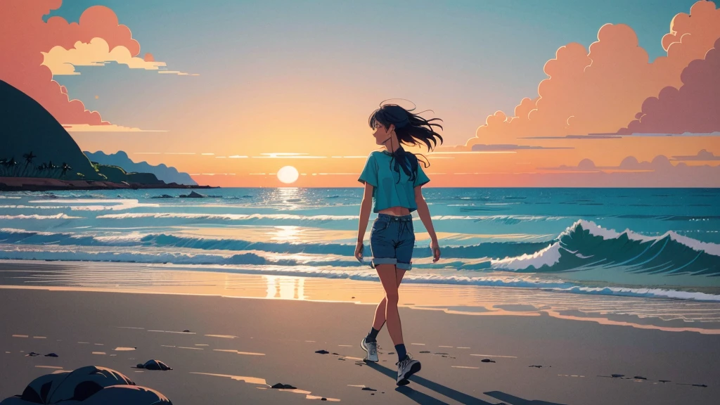 masterpiece, Highest quality, アニメ, Beautiful Asian Girl, K-Pop aesthetics and style, Sunset, 80s American hippie style, Along the Hawaiian Coast, Cute and dreamy,アニメ,Illustrator,LOFI Girl,Walking along the shore