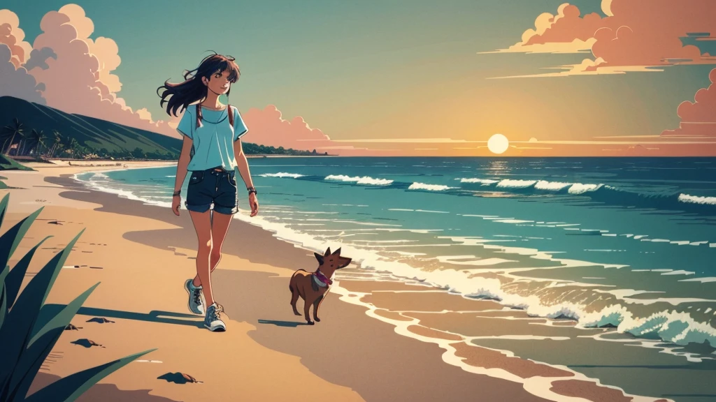 masterpiece, Highest quality, アニメ, Beautiful Asian Girl, K-Pop aesthetics and style, Sunset, 80s American hippie style, Along the Hawaiian Coast, Cute and dreamy,アニメ,Illustrator,LOFI Girl,Walking along the shore