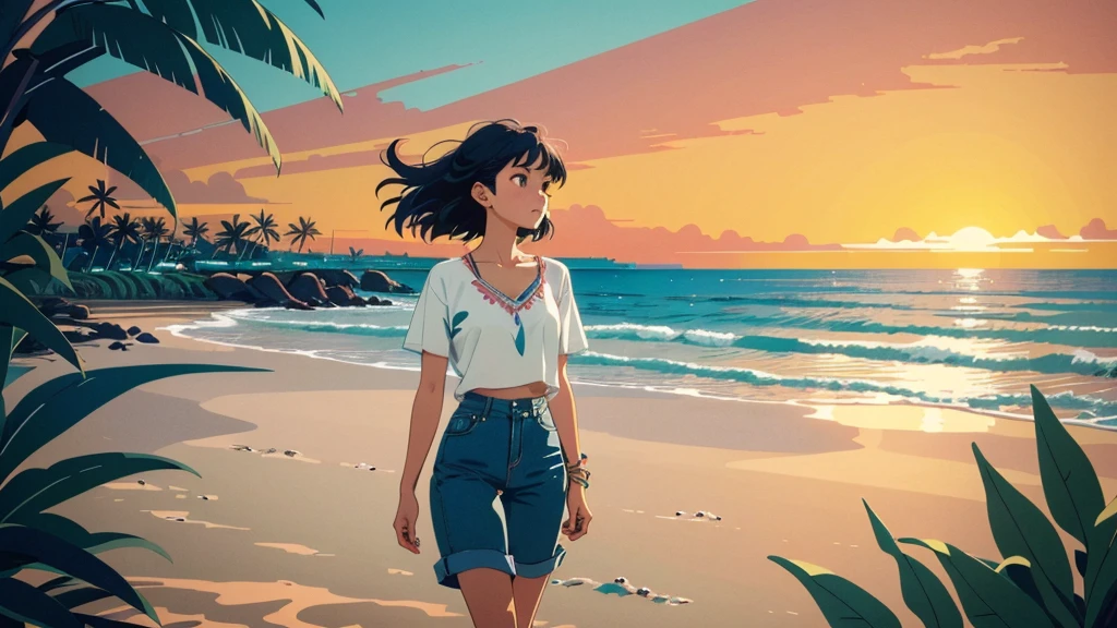 masterpiece, Highest quality, アニメ, Beautiful Asian Girl, K-Pop aesthetics and style, Sunset, 80s American hippie style, Along the Hawaiian Coast, Cute and dreamy,アニメ,Illustrator,LOFI Girl,Walking along the shore