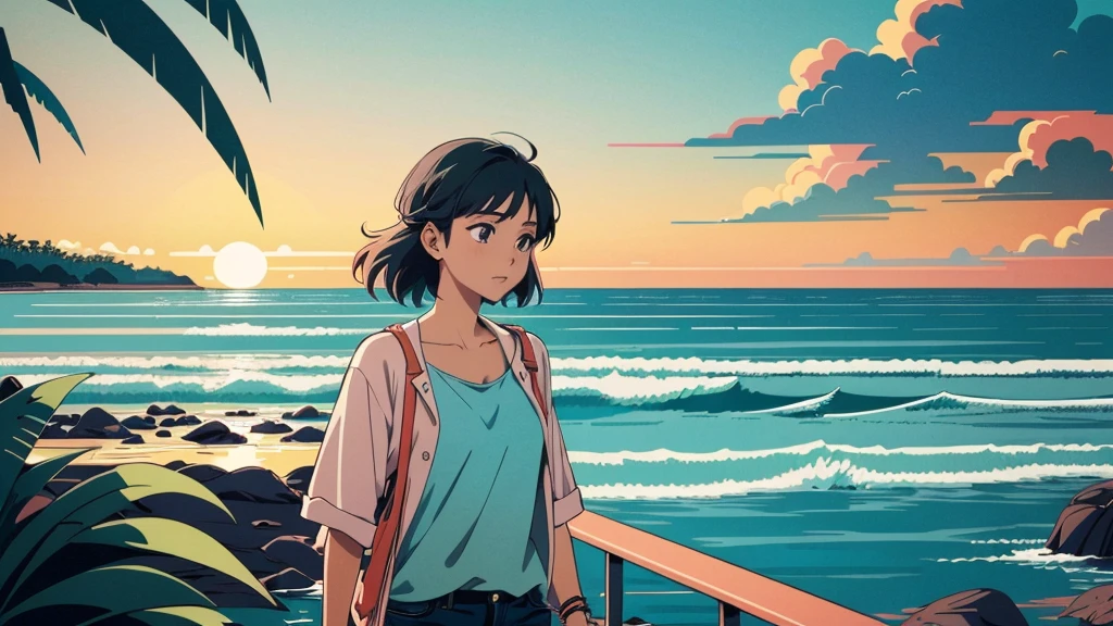 masterpiece, Highest quality, アニメ, Beautiful Asian Girl, K-Pop aesthetics and style, Sunset, 80s American hippie style, Along the Hawaiian Coast, Cute and dreamy,アニメ,Illustrator,LOFI Girl,Walking along the shore