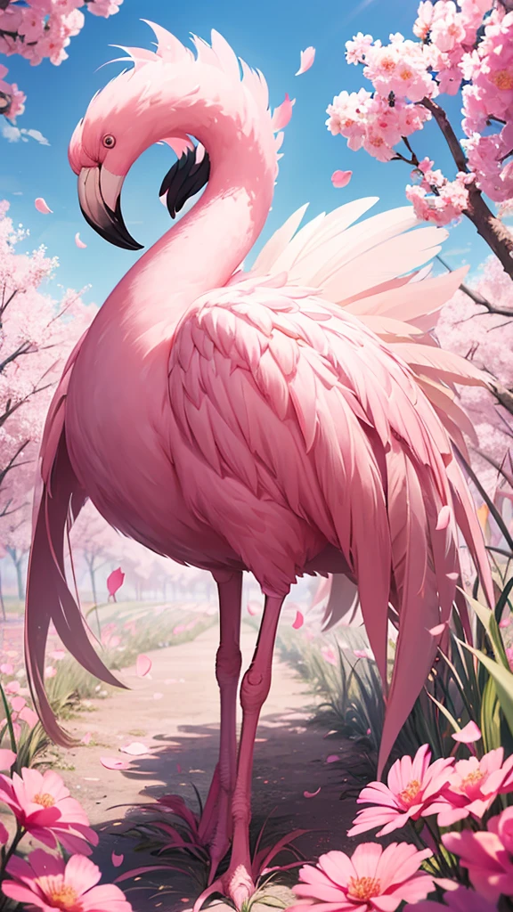 An adorable flamingo hybrid creature with flower petal-like feathers in a field of pink and pink light flowers, hyperrealistic, --style raw --stylize 250.0