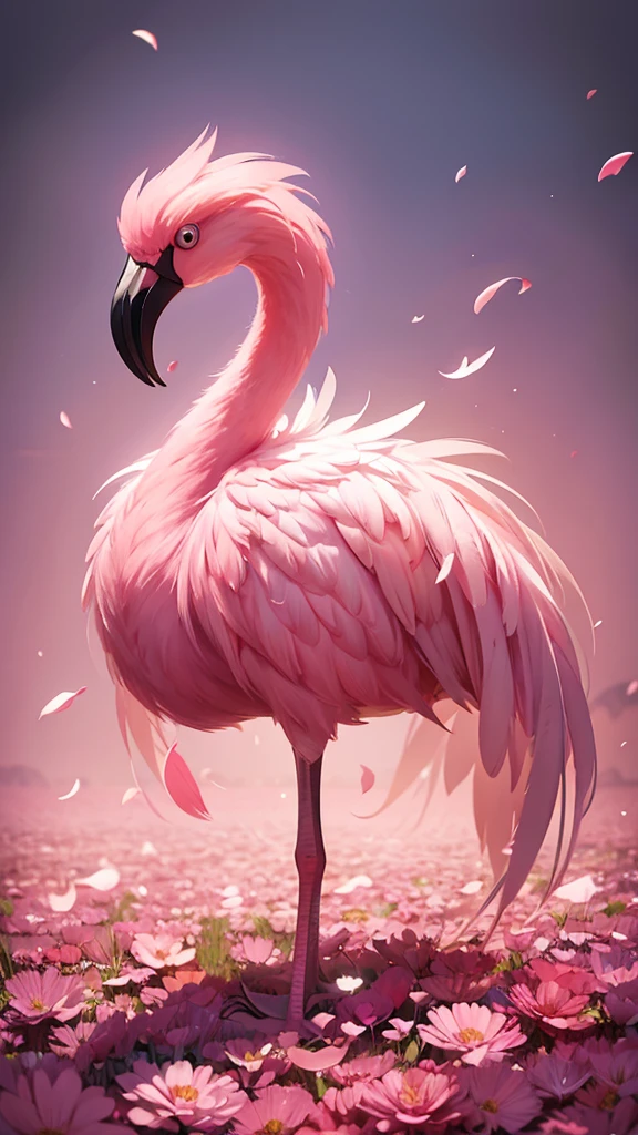 An adorable flamingo hybrid creature with flower petal-like feathers in a field of pink and pink light flowers, hyperrealistic, --style raw --stylize 250.0