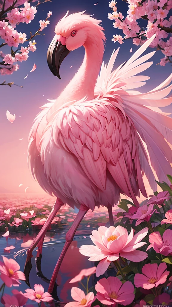 An adorable flamingo hybrid creature with flower petal-like feathers in a field of pink and pink light flowers, hyperrealistic, --style raw --stylize 250.0