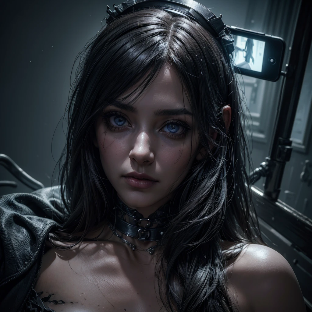 a female undead nurse, beautiful detailed eyes,beautiful detailed lips,extremely detailed eyes and face,longeyelashes, taking a selfie next to a mummified patient on a bed, dilapidated disturbing hospital room, highly detailed, photorealistic, cinematic lighting, dramatic atmosphere, dark moody colors, intricate textures, gothic horror, (best quality,4k,8k,highres,masterpiece:1.2),ultra-detailed,(realistic,photorealistic,photo-realistic:1.37)