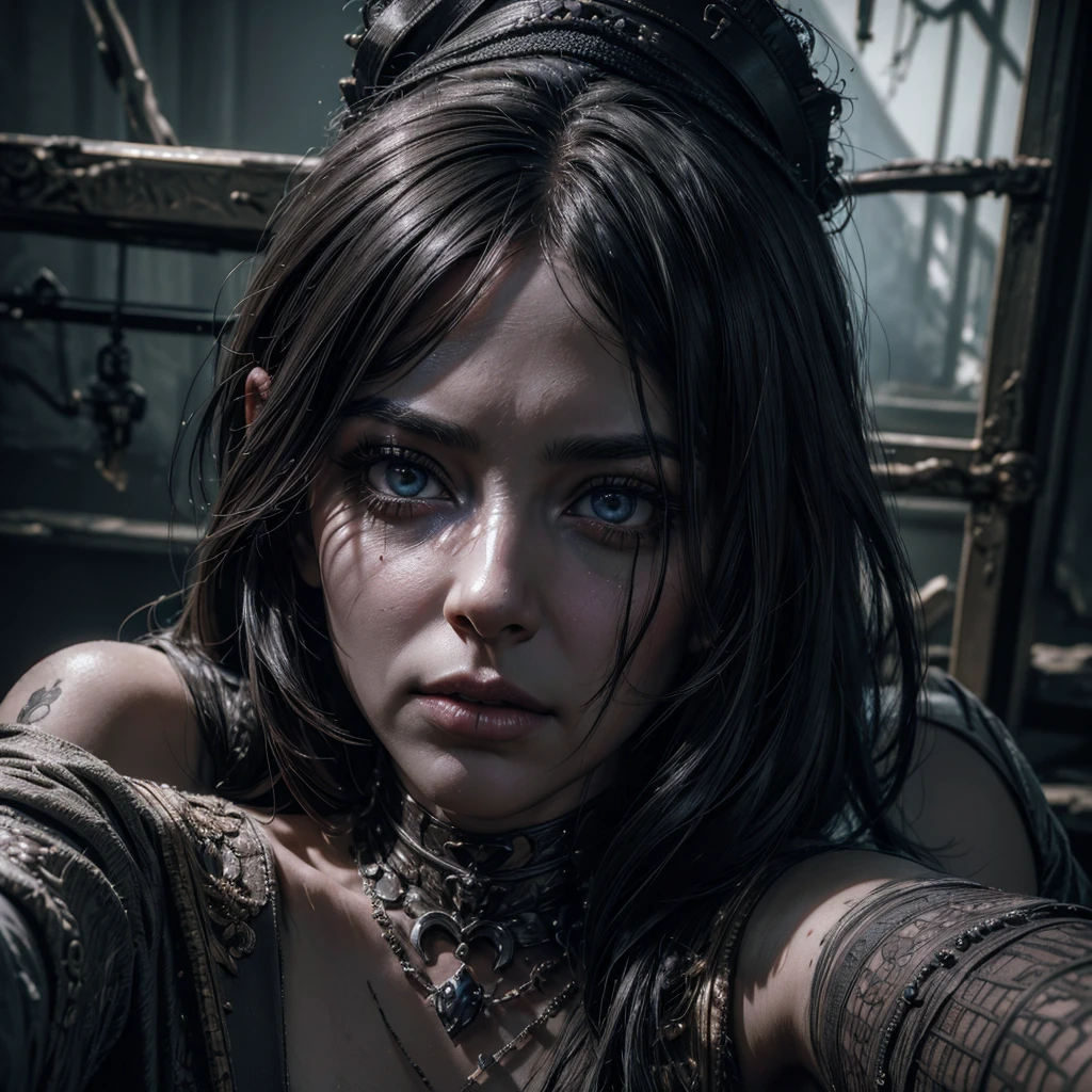 a female undead nurse, beautiful detailed eyes,beautiful detailed lips,extremely detailed eyes and face,longeyelashes, taking a selfie next to a mummified patient on a bed, dilapidated disturbing hospital room, highly detailed, photorealistic, cinematic lighting, dramatic atmosphere, dark moody colors, intricate textures, gothic horror, (best quality,4k,8k,highres,masterpiece:1.2),ultra-detailed,(realistic,photorealistic,photo-realistic:1.37)