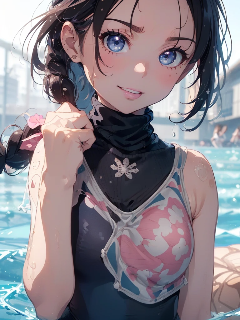 Highest quality、High resolution、Detailed Background、(beautiful face in every detail:1.4)、Anatomically correct、(Detailed facial expressions)、(fine grain:1.2)、Teenage Beauty、One Girl、Cute black hair、beautiful, clear, Deep blue eyes、Braided Ponytail、Braided bob cut、primary school, Junior competitive swimmer, ((Turtleneck one piece swimsuit:1.4)), (Simple design without patterns), (clearメタリックグリーンの水着:1.4), (Natural Makeup:1.5), (pink lips:1.5), (full lips:1.5), (parted_lips), (toothless smile), Outdoor swimming pool、My hair is flying in the strong wind、Observe the audience、My hands are holding nothing、Smiling Quietly、((Chest close-up))