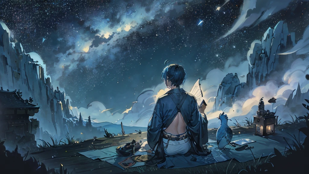 Late Night。Under the stars。On a hill far away、Alone, with his back towards me, he plays an acoustic guitar。Blue little budgerigar。