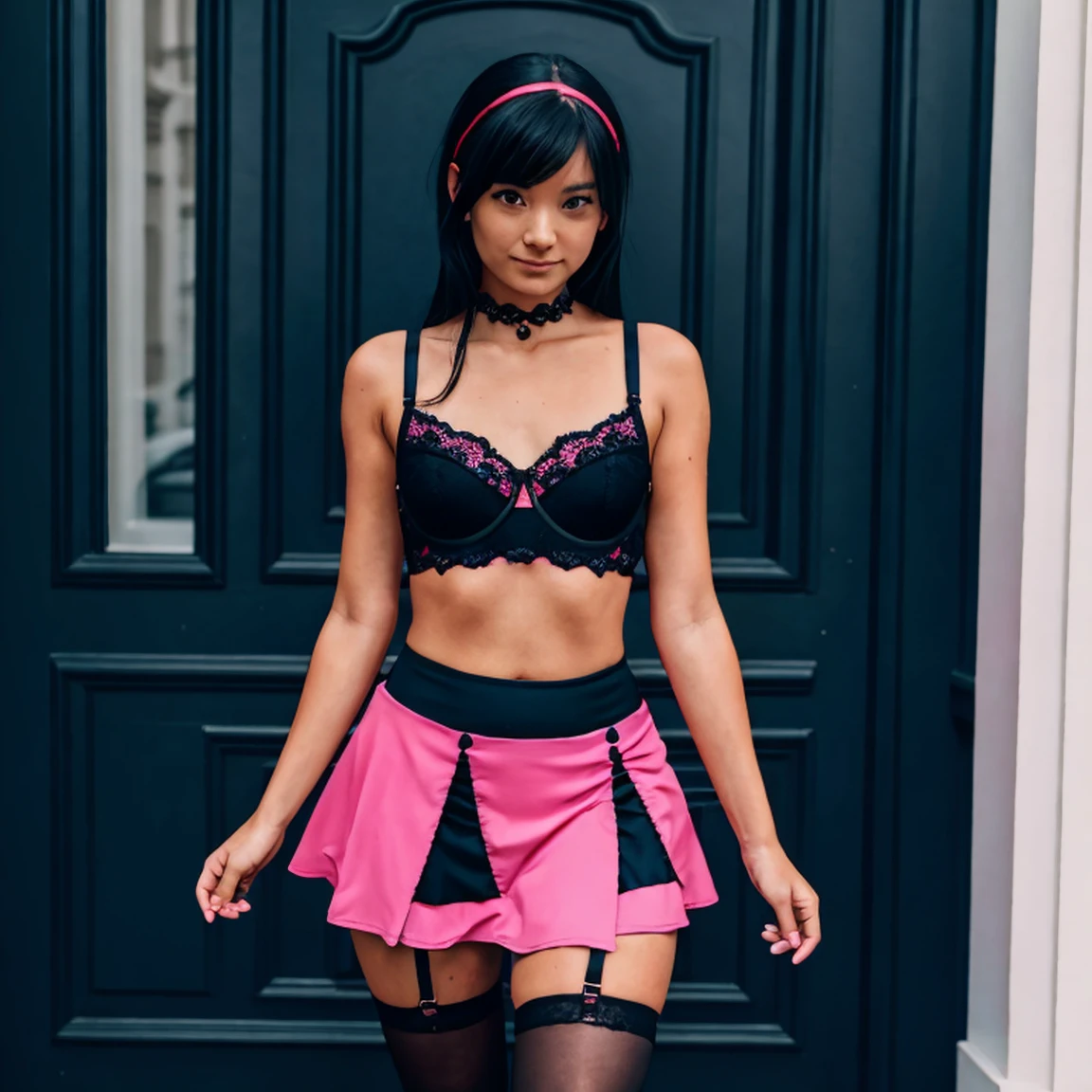 a woman with a gothic bra and a pink and black gothic mini skirt without panties 