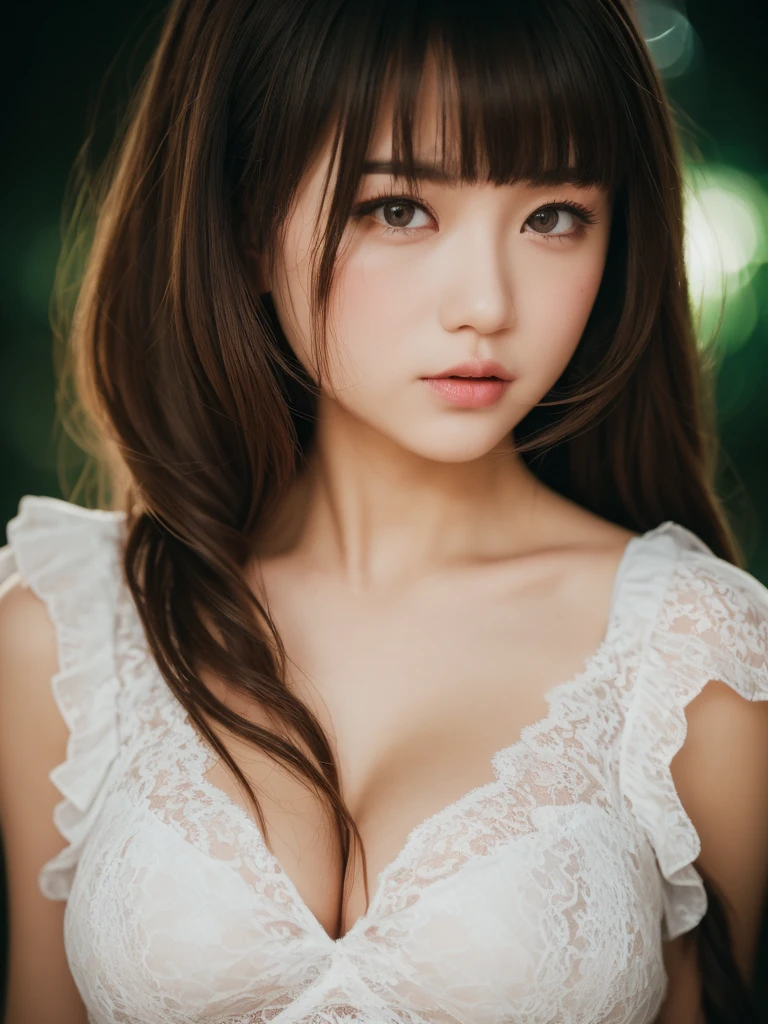 dreamy ambiance, ultrasharp, studio shoot、close up of face、(White Lace Ruffled Dress:1.2), (big breasts with increased tension:1.3), Focus on the chest、Enhanced body、realisitic、Photo Real、extremely detailed cute girl、17 age、japaneelancholy look, large full breasts、A dark-haired、Hair braids、thick bangs、Night, neons, Digital SLR, Looking at Viewer, natural, Candid, Sophisticated, zora々Right, Professional Lighting, Film grain, chromatic abberation, (Bokeh:1.1)