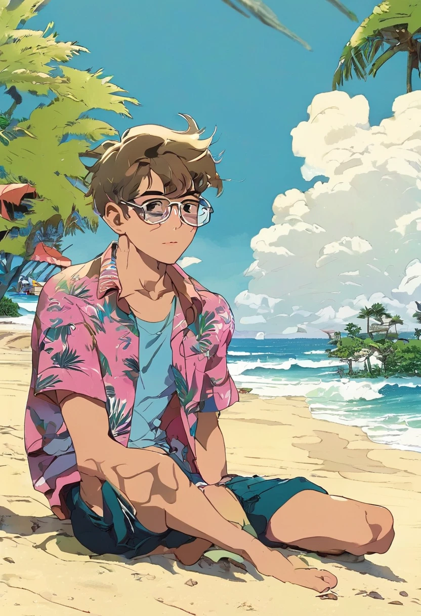 alone, short hair, shirt, 1boy, navel, sitting, male focus, light brown hair, half pink eyes, outdoors, open clothes, sky, shorts, day, cloud, water, tree, open shirt, ocean, beach , glasses, watch, sand, palm tree, open tongue piercing, pants, men's swimwear, Hawaiian shirt