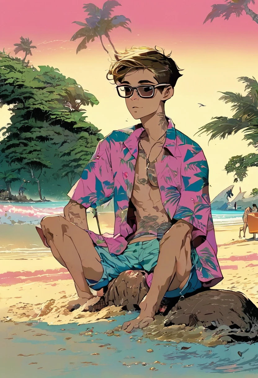 alone, short hair, shirt, 1boy, navel, sitting, male focus, light brown hair, half pink eyes, outdoors, open clothes, sky, shorts, day, cloud, water, tree, open shirt, ocean, beach , glasses, watch, sand, palm tree, open tongue piercing, pants, men's swimwear, Hawaiian shirt