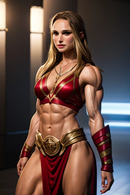Natalie Portman as The Mighty Thor, female bodybuilder physique, bodybuilder veins, arms crossed, rippling muscles