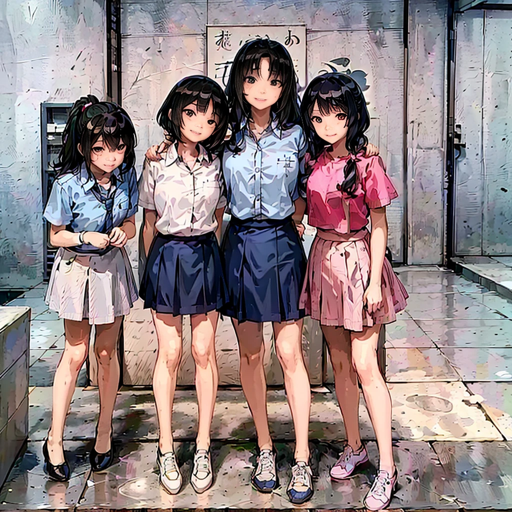 (Top quality illustrations:1.2), (cute女の子:1.1), (Four Girls、Alongside、Cowboy Shot),School、outside of home、Strong winds、Alongside歩く、Commemorative photo、 (Four Girls、、Mature、cute、Medium Chest、Ultra-detailed eyes:1.2)、Schoolの建物、high school girl、(Everyone wears the same high school uniform:1.5)、mini skirt、Thighs Thighs Thighs Thighs、(((I can see your pants、The strong wind twists the skirt、Under the skirt)))、(((Positive)))、Walk facing forward、Laughter、friend、Bold Pose、Sexy pose、(Black Hair、Blue Hair、Brown Hair、Pink hair、Red hair、Blonde)、(Very short hair、short hair、Mid-length hair)、Hair length、(Wavy Hair、Curly Hair、Hime cut、Bobcut、Twin tails、低いTwin tails、ponytail、ライトブルーのローponytail)、
