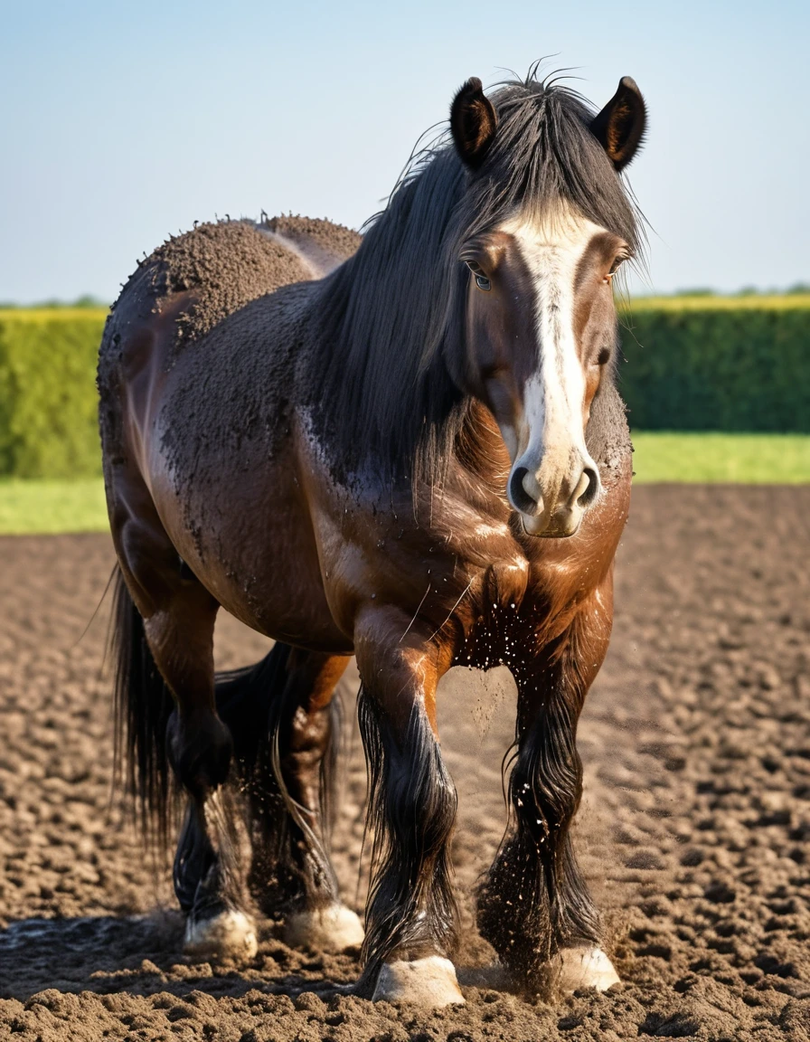 full rear(100) view of large fat wide hairy Shire horse stallion with lumps of horse dung pouring out of the centre of a big bum and sliding down legs. facing away from view point - towards horizon. wide open rectum and anus in full view full of horse dung. tail to left side. ((masterpiece)), ((best quality)), ((highres)), ((extremely detailed)), ((close shot, back view)), (super realistic) . anatomically correct. horse surrounded by lumps of steaming dung. open field. bright sunny sky
