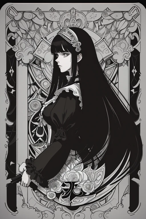 Beardsley style,ink art, pen and ink, (Best Quality,masutepiece:1.2),(black and white comic core:1.1),(extreme high contrast), 8K, SILHOUETTE, Dark ink, 1 beautiful girl, side view, Profile, victorian_gothic_costume, long_hair, bangs, Very_beautiful_face, very_beautiful_eyes, even_eyes