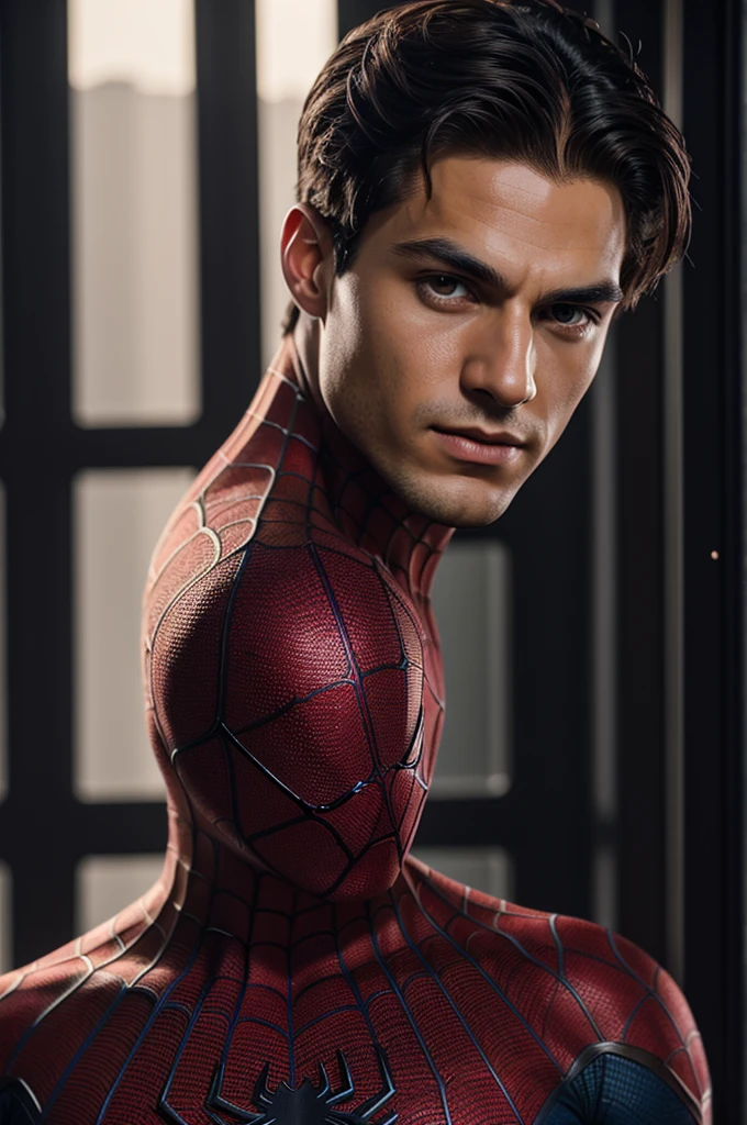 A photo of Spiderman, no mask, the 20s, good looking, detailed face, look into the camera, portrait, 8K UHD, good quality