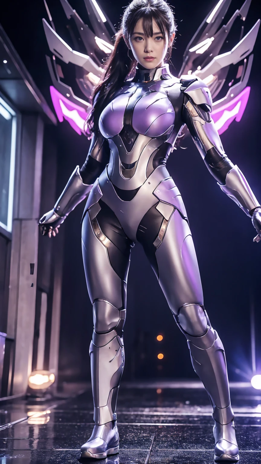 (highest quality、8K、32k、masterpiece、UHD:1.2、perfect body beauty:1.2、Wearing a futuristic hero suit with a pale purple and white shine:1.5、rain、street、Cute 25 year old Japan woman、、ponytail、Upper body、front、simple background、looking at the viewer、dynamic pose:1.5, full body