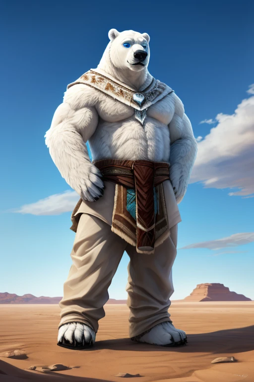 ((A humanoid white polar bear with abnormal musculature, very robust, blue eyes is standing looking up looking at the sky and uses some animal hides as clothing)), frozen ground and desert scenery, no trees there are no plants on this planet. Low left photography angle 