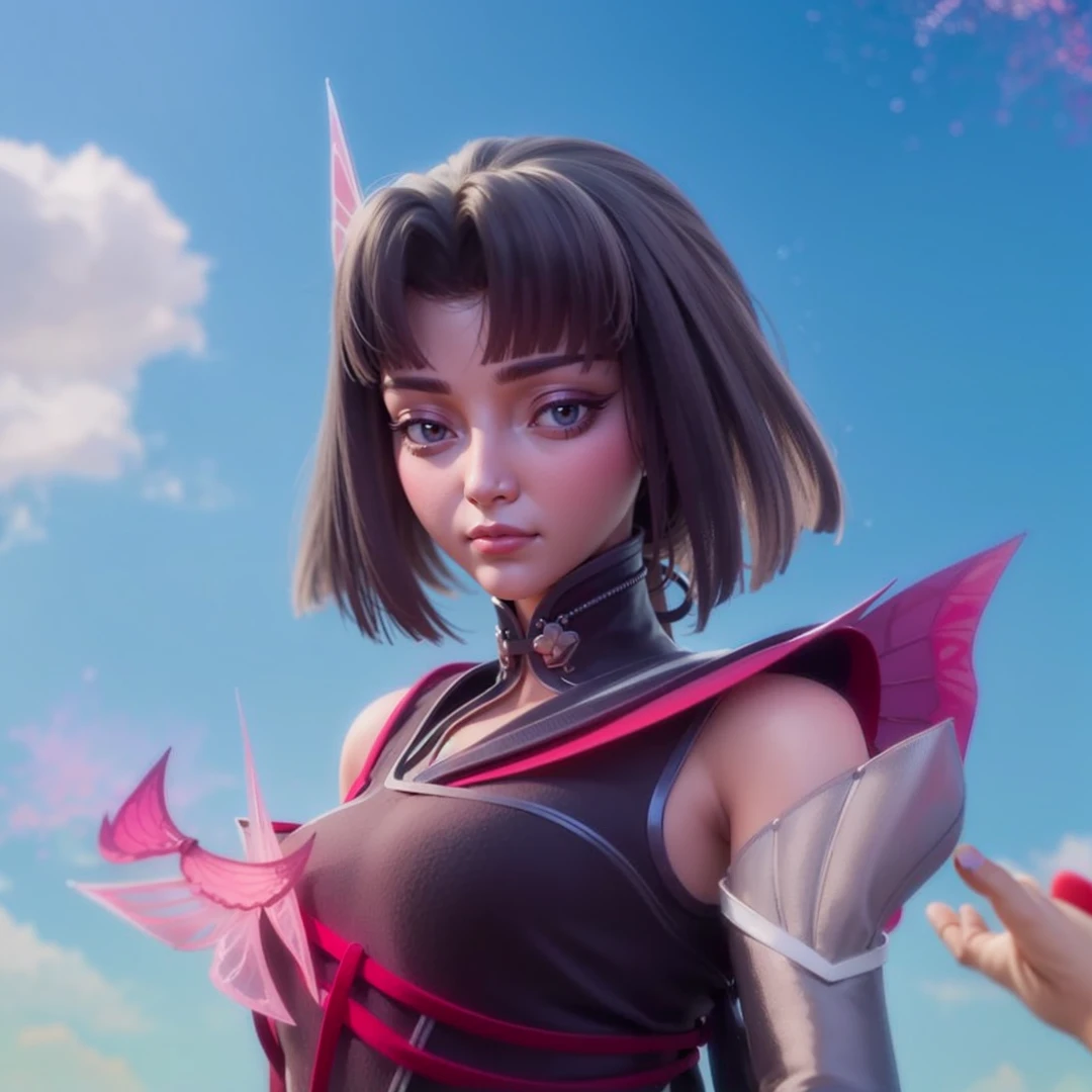 Masterpiece style 3D, beautiful girl, cool girl, (detailed face 8k) (detailed hair 8k) (detailed clothes 8k) blue cloak, black hair, 8K, HDR sharpen.