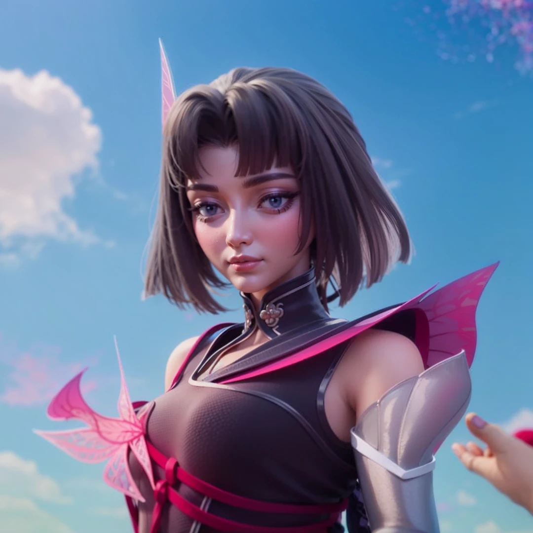 Masterpiece style 3D, beautiful girl, cool girl, (detailed face 8k) (detailed hair 8k) (detailed clothes 8k) blue cloak, black hair, 8K, HDR sharpen.