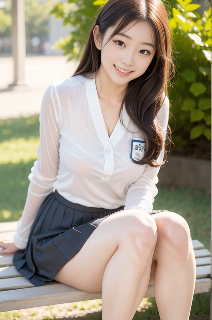 Pure Japanese school girl, sexual temptation, outstanding body, beautiful legs, wearing uniform, panty, sweet smile, sitting on bench, refreshing in early summer park, composition from the front,