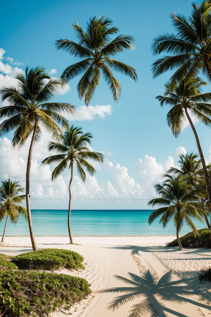 A beach where there are palm trees and the word just you and me is written in the sand
