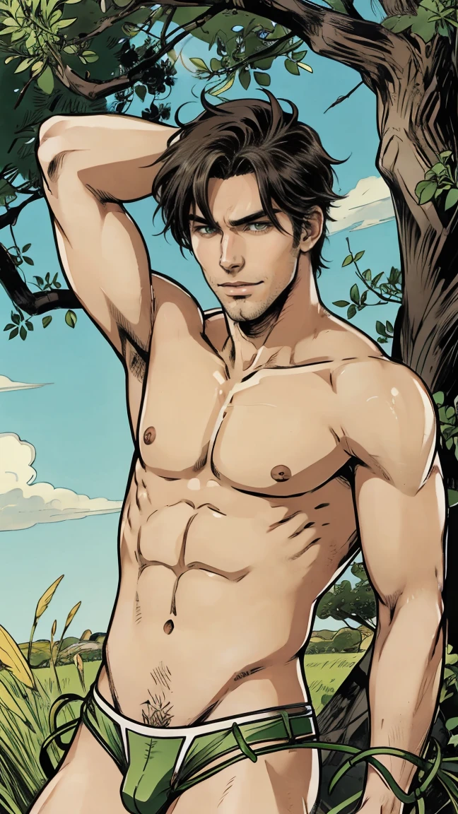 anime handsome man, half-, grass vine twining around the body