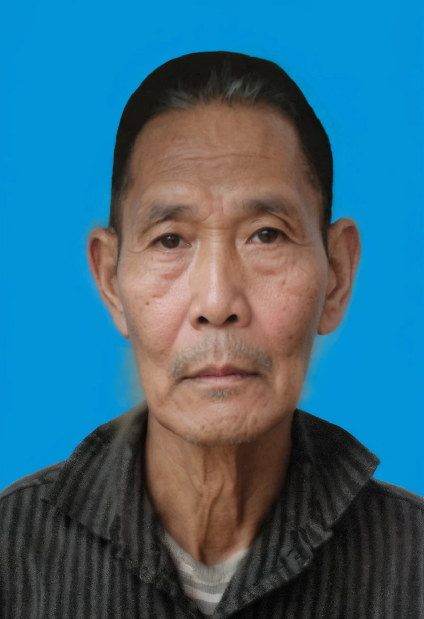 Highly realistic photo, Portrait of a 55 year old Vietnamese old man, gray hair, black and white striped shirt, skinny cheeks