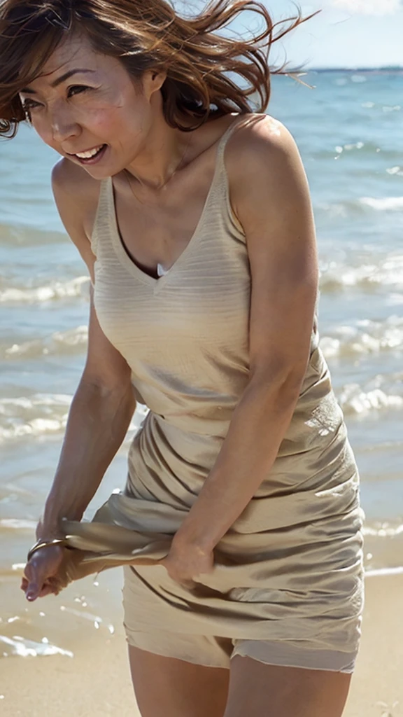 ((Highest quality)), ((8K)), ((masterpiece: 1.3)), (Perfect appearance), (Photorealism: 1.6), (一人のwomanが立っている), (A sandy beach lit by the dazzling morning sun), (The sea sparkling in the morning sun), (Calm sea without waves), (AIF), (JMA), (woman: 1.6), (Blurred Background: 1.8), (日本人woman1人: 1.6), 36 years old, ((Realistic skin texture)), (Fine wrinkles appear all over the skin: 0.8), (Dullness: 1.1), (Moisturized Skin: 1.2) , (Facial wrinkles: 0.9), (Wrinkles around the eyes: 1.2), double eyelid, Lower eyelid tear sulcus, Eyes on you, Serious expression, (Dimples: 1.2), Short bangs, (Short Wavy Hair: 1.2), (Messy Hair), (Hair blowing violently in the wind: 1.4), Laugh with the corners of your mouth turned up, (Completely naked), (Small breasts), (Breasts that have lost their firmness and sagging: 1.2), (Manicured pubic hair), barefoot, (Angle from the feet),