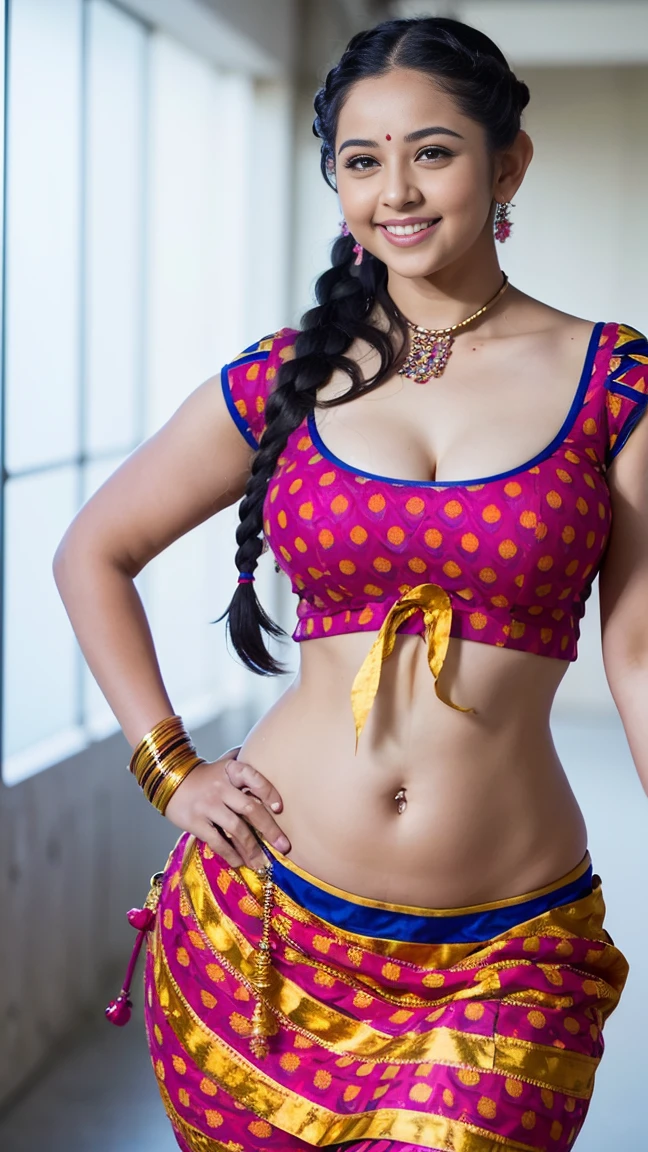 HD wallpaper 32k cinematic shoot of a Beautiful cute girl, with thick thighs and a curvy waist, twin braids,  wearing an Indian blouse top, horny, seductively, in a school corridor, dotted blouse top, smiling, ((long curvy waist)), ((lowwaist)), ((curvy waist))