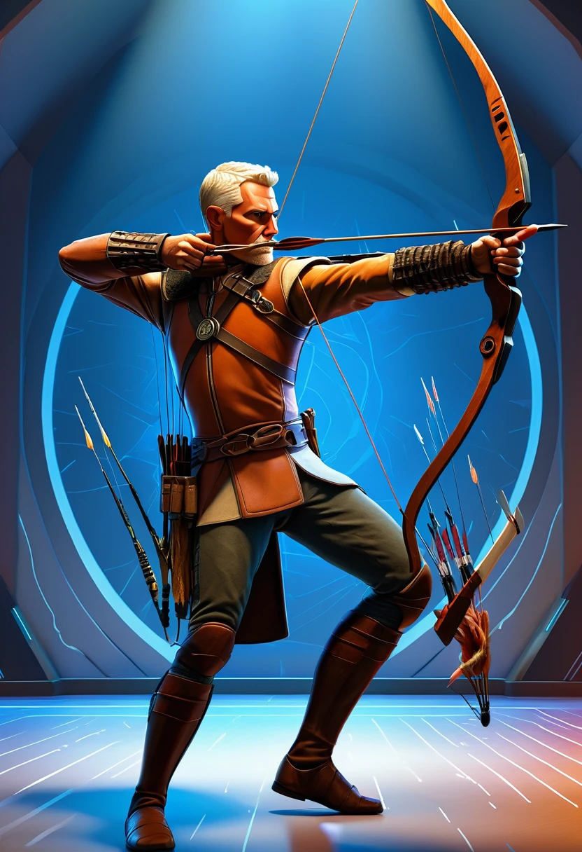 Archer, bow and arrow, Archery pose, full body, by Ralph McQuarrie, dramatic composition, cinematic dynamic action scene, vibrant colors, cinematic lighting, dramatic lighting, best quality, masterpiece, very aesthetic, perfect composition, intricate details, ultra-detailed